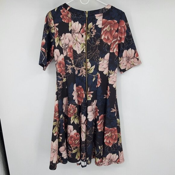 Roz & Ali Navy Blue and Floral Print Cutout Front Pleated Skirt Dress Size 10 - Picture 2 of 8